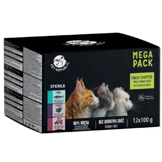Pet Republic Mega Pack Pentru Pisici cu Ton, Curcan și Vită 12x100g